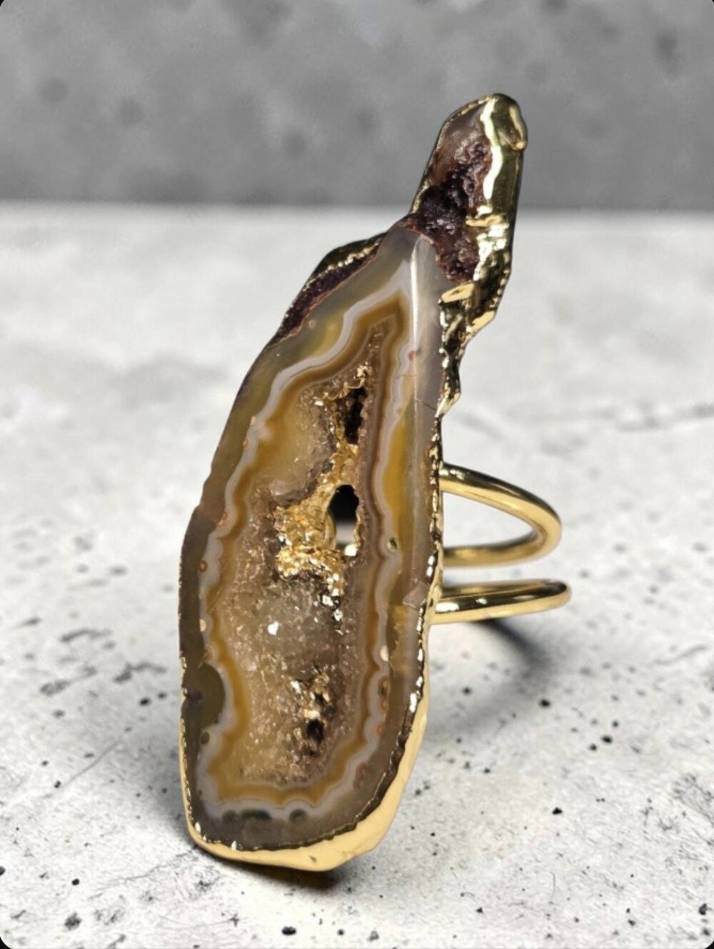 18k Gold Plated Artisan Tigers Eye Agate Geode Stone Statement Ring